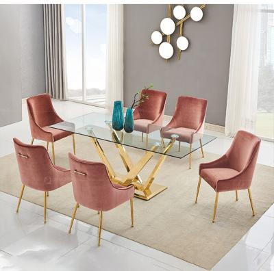 China Simple Design Modern Glass Dining Table With Gold Steel Legs 8 Seaters Dining Furniture Dining Table for sale