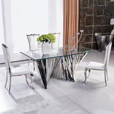 China Foshan Furniture Stainless Steel Glass Dining Table Set Dining Table 8 Seats Glass Dining Table for sale