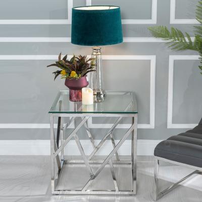 China Glossy Finish Sofa Side Table Gold Side Table Lower Side Glass Tempered Glass Steel Frame Table for sale