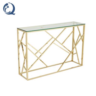 China Simple Design Cabinet Console Table Tempered Glass Top Gold Stainless Steel Frame Corner Glass Console Table for sale