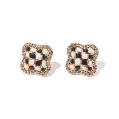 China Vintage Chaozhong Trendy Casual sporty Hand-Drip Oil 18K Real Gold plated Zircon Black and White Checkerboard square  Earrings for sale