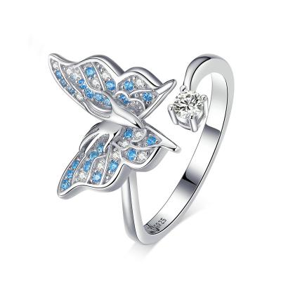 China TRENDY Chaozhong custom Adjustable Open Sterling Silver S925 Butterfly blue Zircon Ring women jewelry for sale