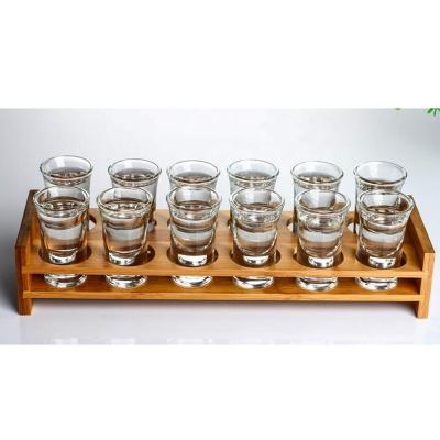 China Modern Barware Party Use Premium Bamboo Shot Glass Rack Holder with 12 Crystal Clear Glasses for sale