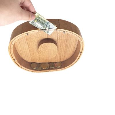 China Creative Custom Walnut Piggy Bank Wooden English Alphabet Letter Storage Bin Personalized Letters Coin Bank With Acrylic for sale