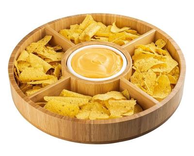 China Home.Restaurant.Bar.Hotel.Wedding Eco-friendly Round Bamboo Cheese Chips Tray With Wooden Round Dip Dish Tray for sale