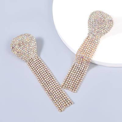 China Eco-friend 2021 fashion alloy diamond rhinestone geometric full tassel female super showy exaggerated earrings for sale