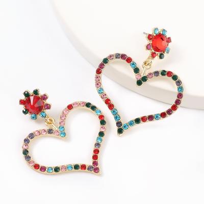 China Eco-friend 2021 new fashion temperament heart-shaped alloy inlaid color rhinestone earrings for sale