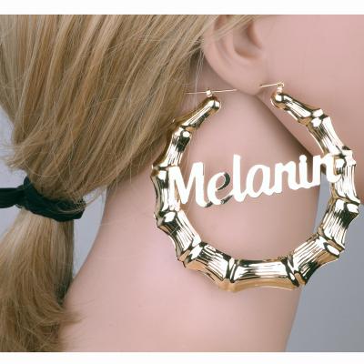 China Eco-friend Alloy 9cm Round English Letters Melanin Bamboo Earrings for sale