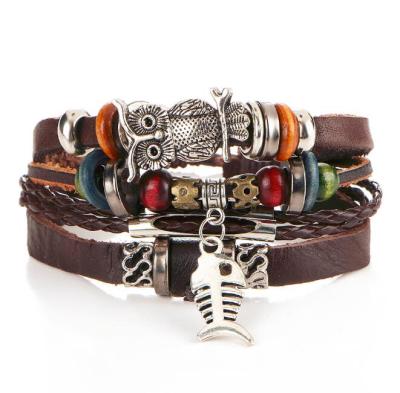 China new Eco-friend beaded bracelet with genuine leather, bracelet expert multi chain, alloy owl woven bracelet for sale