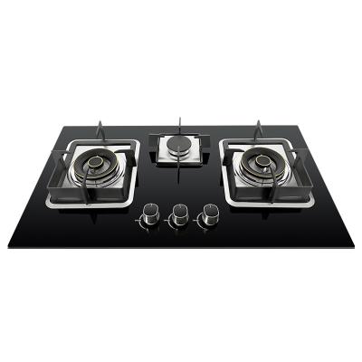 China Hotel Gas Hob China Kitchen Appliances Gas Stove Built in Glass Three Burner Gas Cooker Black Hob for sale