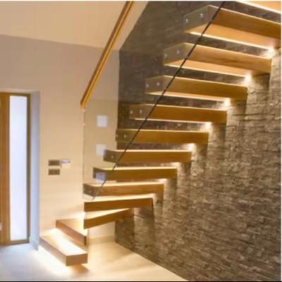 China Solid Customized LED Light Floating Stair With Hidden Steel Beam And Glass Railing for sale