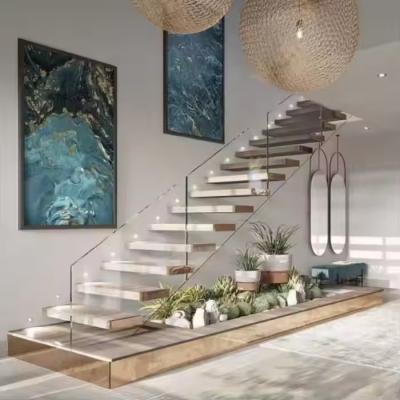 China Wall Mounted Hidden Beam Red Oak Wooden Staircase Villa Open Riser Floating Stair With Lights for sale