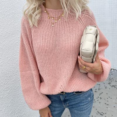 China 2022 new fashion women QUICK DRY knitted loose all-match fashion lantern sleeves round neck rose ladies sweater for sale