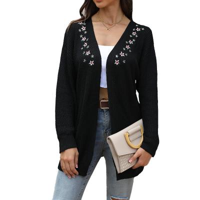 China 2022 QUICK DRY knitted women suit V-neck soft temperament fashion cardigan loose black embroidered women's sweater for sale