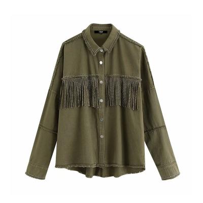 China 2023 new style anti-shrink women's denim fringed beaded shirt fringed jacket blouse vintage embellished long sleeve blouse for sale