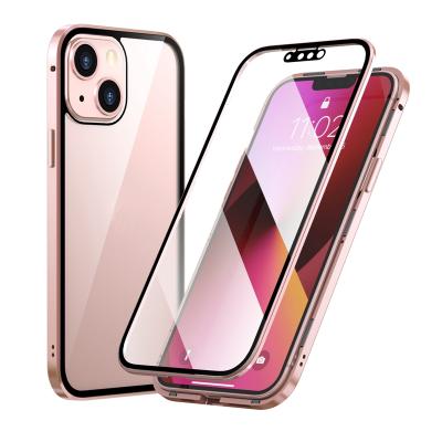 China Anti-fall Metal View Full Coverage 360 ​​Magnet Adsorption Clear Tempered Glass Magnetic Phone Case For iPhone 13 pro 13 mini for sale