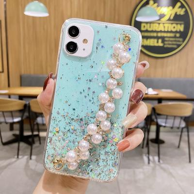 China Shockproof Soft Pearl Strap Phone Case For iPhone 11 12 Pro Case Pearl Chain, For iPhone 11 12 Glitter Case Covers for sale