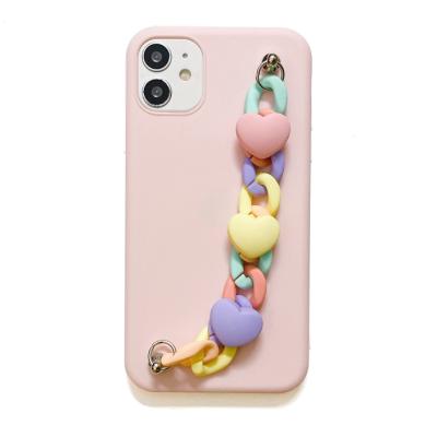 China Shockproof Chain Pink For iPhone 11 Cases Soft TPU Wrist Strap Phone Case Heart For iPhone 13 12pro Case With Band for sale