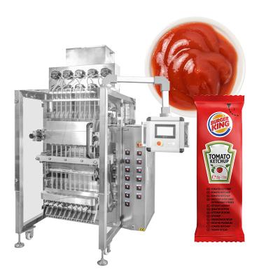 China Fully automatic 4 lane 3side sealing stick pack weighing with liquid pump sauce pouch ketchup sachet packing machine for sale