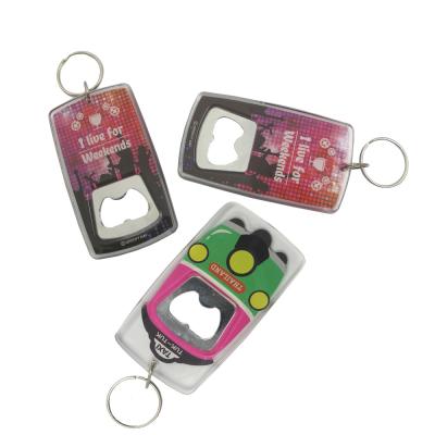 China Promotional Gifts Rectangle Shape Plastic Clear Transparent Blank Photo Insert Acrylic Key Chain With Bottle Opener for sale