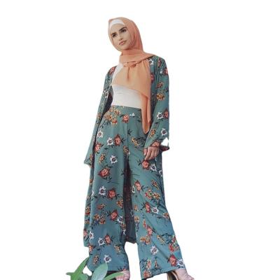 China Wide Leg Set Two Piece Polyester Top And Pants Women Cardigan Leg Sets Floral Print Lace Up Slim Abaya Muslim Dubai Islamic Clothing for sale