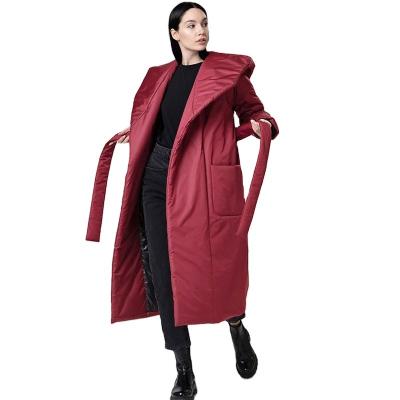 China Anti-Wrinkle Ready To Ship Thick Warm Winter Down Coat Padded Jacket With Belt Street Use Casual Style Ladies Long Hooded Jackets for sale