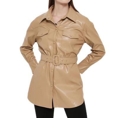 China Wholesale Women Fashion PU Leather Jacket Ladies Fashion Casual Anti-wrinkle Street Wear Coat With Belt for sale