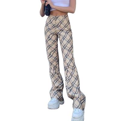 China Street Breathable Casual Plaid Wide Leg Pants Women 2021 Spring Fashion Office Ladies Loose Bottoms Slim Soft Elastic Trousers for sale