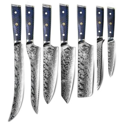 China Damascus kitchen knife set vg10 Japan knife 7 pcs disposable blue honeycomb resin handle handmade for sale