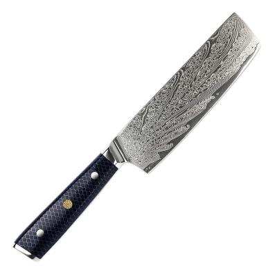 China Viable hot sales 67layers vg10 Damascus steel nakiri knife with blue honeycomb resin handle for sale