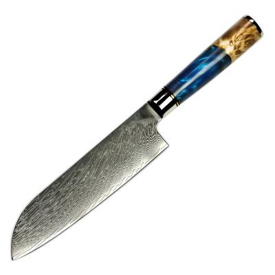 China Viable Damascus Santoku Knife 7 Inch Japanese Stainless Steel With Premium Blue Resin With Knot Wood Handle for sale