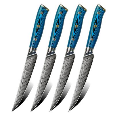 China Viable New Arrival Blue Handle Amber Ladder Pattern Damascus Steel Steak Knife Set for sale