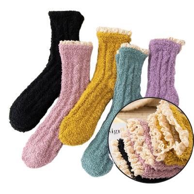 China QUICK DRY Ready to ship Pink Blue Yellow Green Fuzzy Microfiber Socks Fashion Solid Thick Hot Color for Women for sale