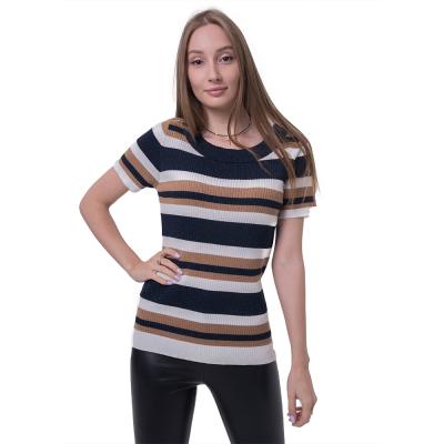 China Hot Selling Ever Fashion Anti-Shrink Fashion Korean Ladies Striped Pattern T-shirt Sweater Knitted Short Sleeve Pullover Women Sweater for sale