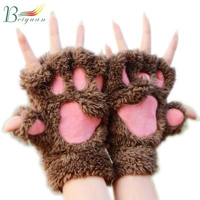 China Cashmere Fingerless Gloves Cat Claw Winter Cute CartoonGirl Glove Villi Bear Paw Half Finger Warm Thick Plush Suede for sale