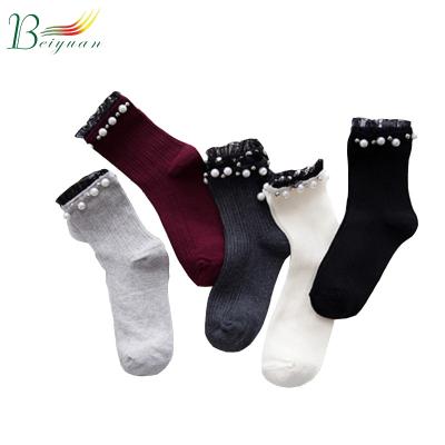 China Autumn And Winter New Cotton Antibacterial Women's Lace Pearl Solid Color Japanese Stockings Stacked Text Cotton Black Female Custom Hose Sock for sale