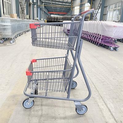 China Cheap Grocery Shopping Cart 2 Tier Supermarket Shopping Trolley Unfolding Supplier for sale