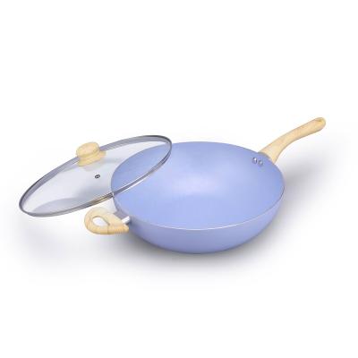 China Sustainable Lavender Heavy Duty Coating High Temperature Aluminum Frying Pan Glass Lid Wok for sale