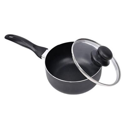 China Yiwu Viable Factory Wholesales Classic Black Color Aluminum Nonstick Coated Saucepan Milk Pan With Lid Spiral Glass Bottom for sale