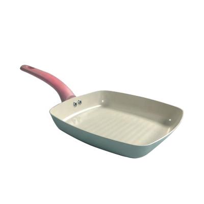 China Viable Bottom Color Aluminum Color Non Stick Ceramic Coating Pink White Handle Blue Color Square Casserole Pan With Soft Touch Handle For Barbecue for sale