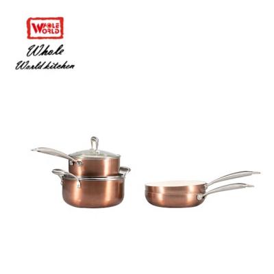 China Sustainable best selling ceramic coating aluminum cookware set copper cookware 8pcs set with stainless steel handle for sale