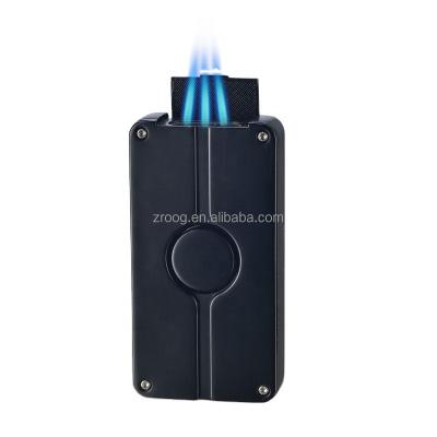 China Minimalist Lovisle Triple Time Jet Flame Lighter Gas Lighter Rechargeable Windproof Windproof Lighter Adjustable Flame With Stand Punch for sale