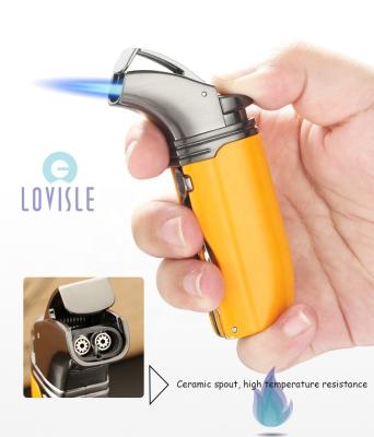 China Refillable Jet Flame Butane Cigar Cutter Lovisle Tech Luxury Gifts Windproof Torch Smoking And Lighters Triple With Punch Cutter for sale