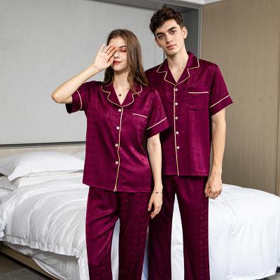 China Burgundy Comfortable Breathable Soft Ice Silk Premium Pajamas 2 Pieces Set Sleepwear For Women for sale