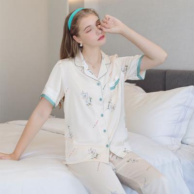 China Breathable Luxury Ice Silk Pajamas Women Sleepwear Short Sleeve Pants 2 Piece Pajamas Set For Women for sale