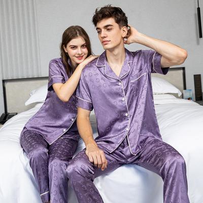 China Breathable Luxury Ice Silk Mens Womens Sleep Wear Satin Polyester Sleepwear Unisex Adult Pajamas Set Couples for sale