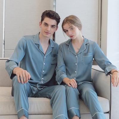 China Breathable Luxury Women Men Long Sleeve 2 Piece Button Down Solid Color Ice Silk Pajama Matching Set for sale