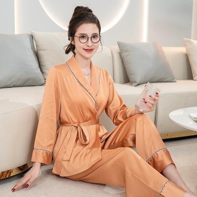 China Breathable Women Kimono Robe Pajamas Belted Luxury Ice Silk Satin Long Sleeve Robe Set Nightgowns Robe With Pants for sale