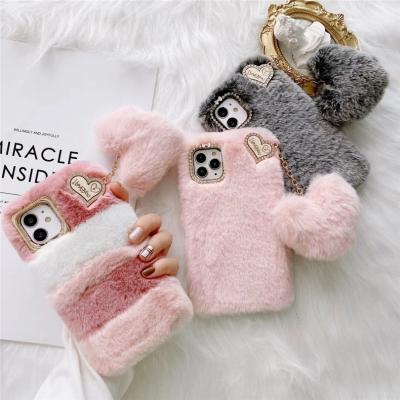 China Cute girls lady winter soft matching color for iphone X Xs XR 6 7 8 plus love pompoms plush phone case for iphone 13 pro max for sale