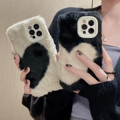 China luxury Autumn winter cell phone cases for women for iphone X XS XR simple black white love plush phone case for iphone 13 pro for sale